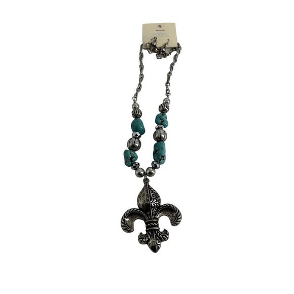 DaVinci Lead & Nickel Safe Silver and Turquoise Color Fleur-de-Lis Necklace and - Picture 1 of 5